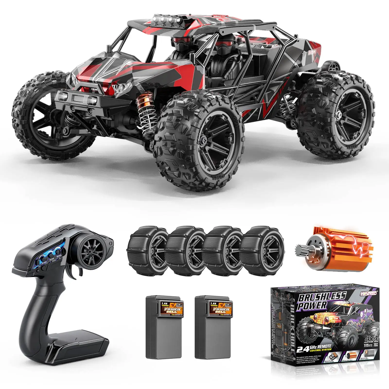 Womaqu HS14431 RC-Autos 1/14 Bürstenloser RC-Wagen für Erwachsene & Jungen, Vollständiger Überrollkäfig-Rahmen, 4WD, schnell, max. 42 mph, ferngesteuerte RC-Trucks für Erwachsene mit zwei 2S