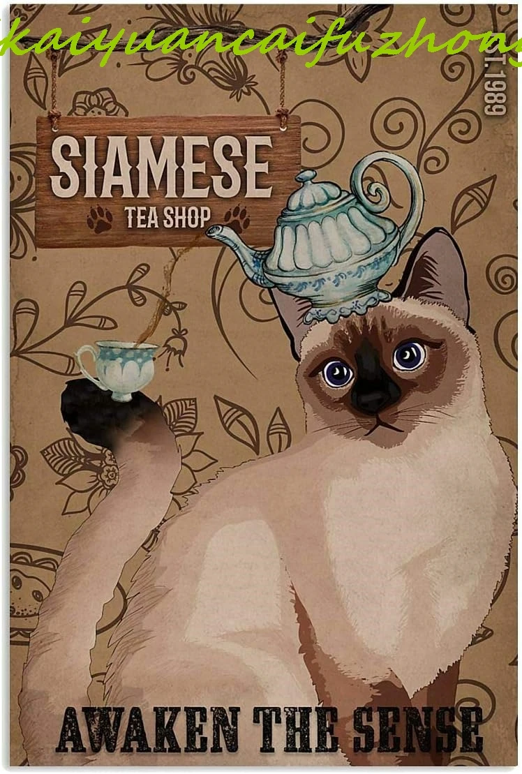 UOAIUDT Vintage Metal Plaque Poster Siamese Cat And Tea Awaken The Sense Retro Metal Tin Sign Plaque Wall Decor Gift For Bathroo