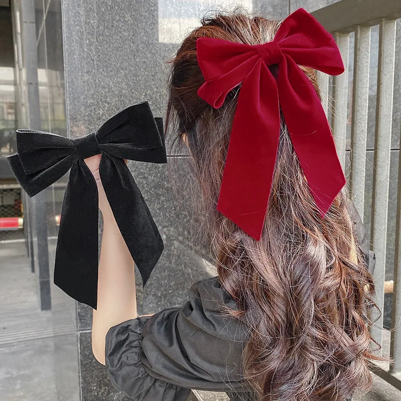 

Big Bowknot Hair Clip Women Velvet Black Red Vintage Hairpins Wedding Long Ribbon for Women Girls Hair Accessories Jewellery