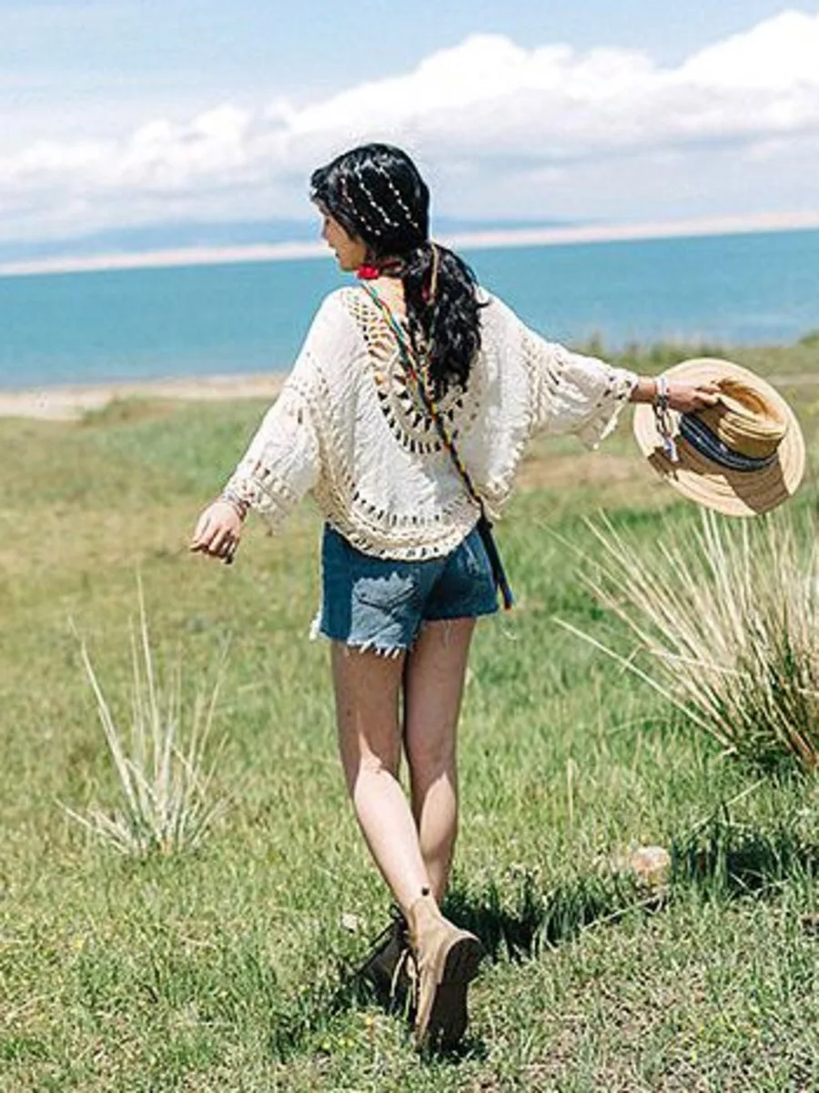 Boho Hollow Out Sun Protection Cover-up Women Cotton Linen Crochet Summer Beach Trend Gypsy Hippie Tribal Ethnic Ibiza Tops