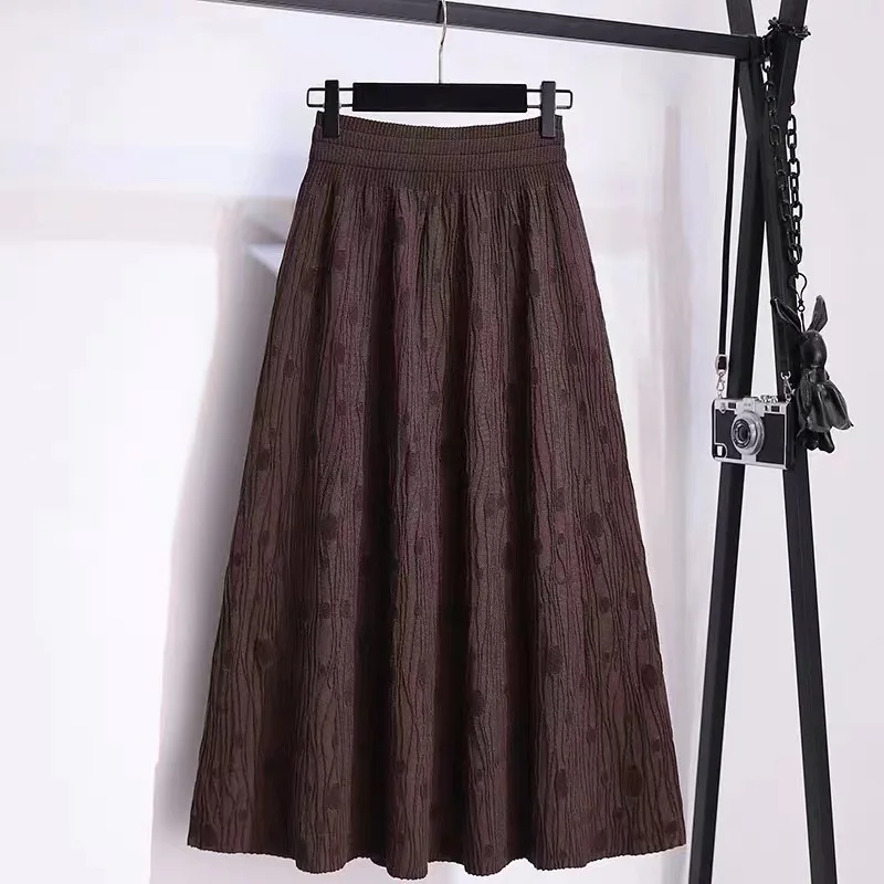 

Women's High-Waisted Pleated Midi Skirt | Winter Knit Skirt with Flared Hem | Belly-Covering Design