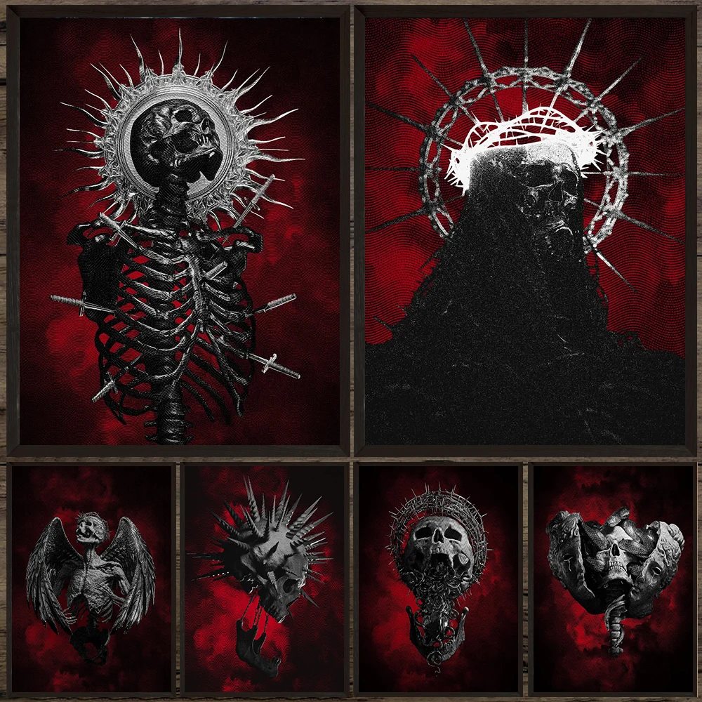 othic Skull Skeleton Canvas Wall Art,Dark Red Background Thorn Crown Poster,Retro Horror Satanic Print for Gothic Bedroom Decor