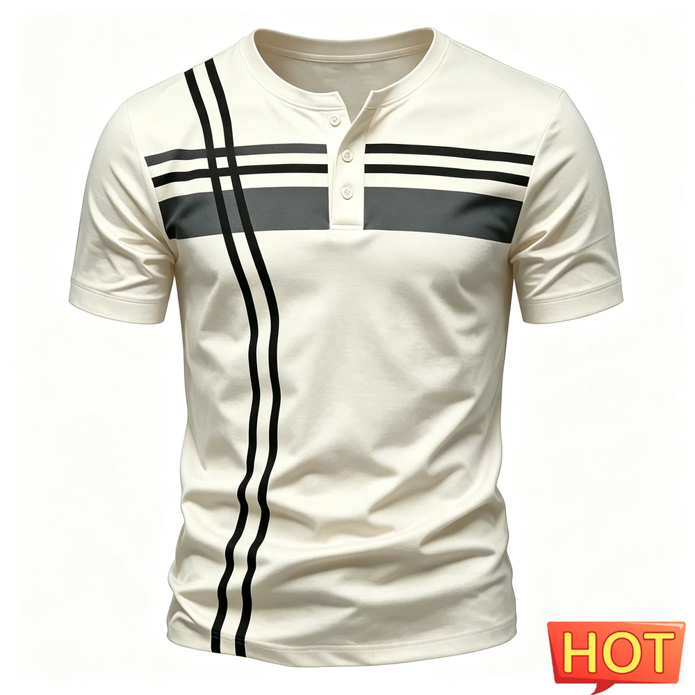 Simple Stripes Print Men Henry T shirts Summer Casual Henry Collar Short Sleeve Button Shirt Fashion Loose Tops Hip Hop Clothing view 4