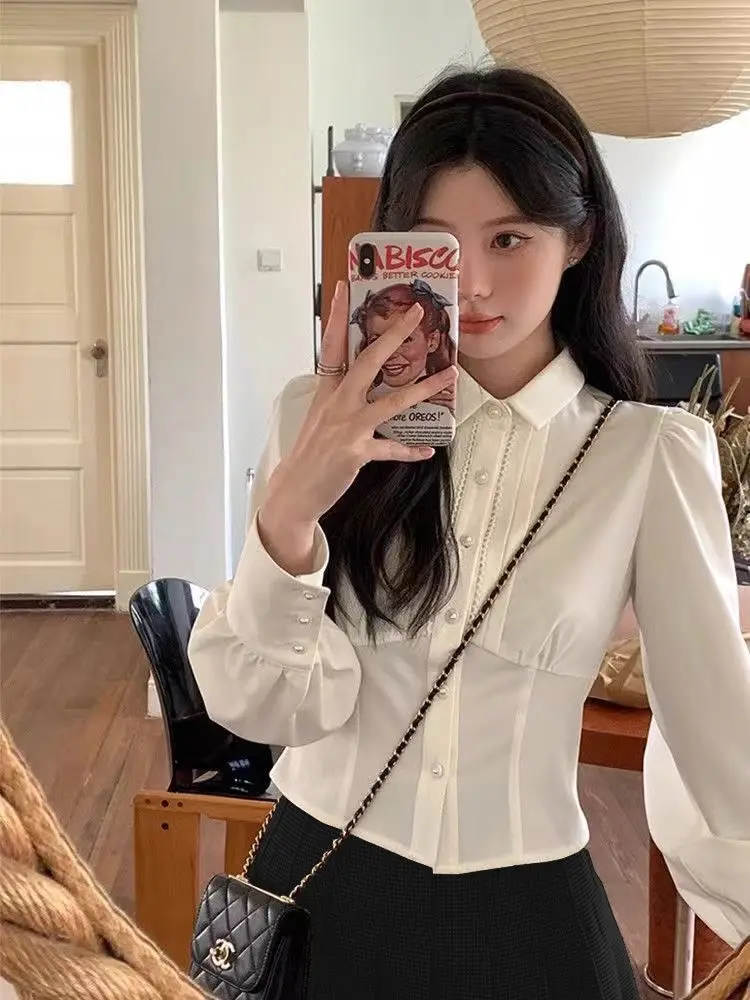Francês chique manga comprida camisas brancas mulheres 2025 outono doce fino ajuste cintura colheita topo vintage versátil blusa