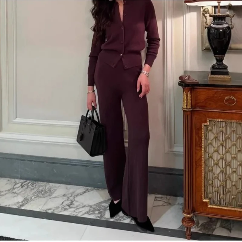 

New Women's Autumn Winter Knit Cardigan Pants Set Slim Fit Long Sleeve Long Trousers Simple Solid Color Street Sweater Suit 2025