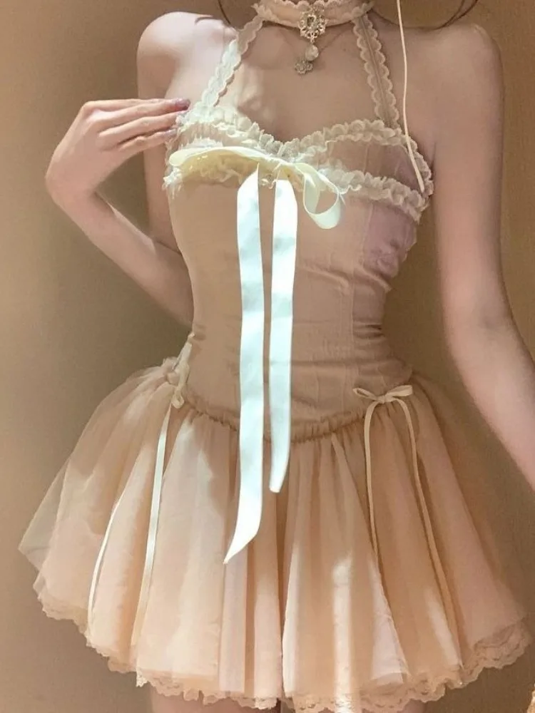 

Japanese Sexy Lace Slip Mini Dress Women Vintage Cute Chic Bow Sleeveless Dress Summer Casual Slim Evening Prom Party Dress 2025