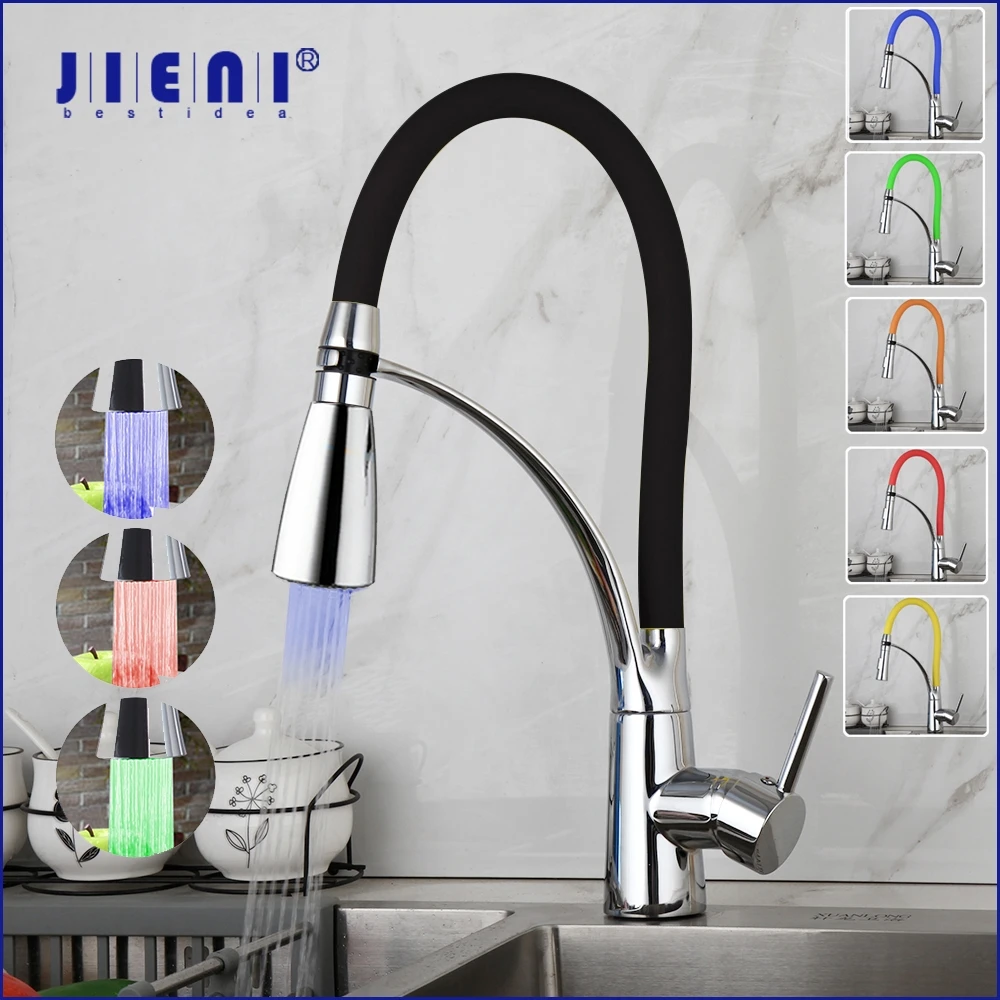 

JIENI Solid Brass Polish Chrome Kitchen Basin Water Mixer Tap Faucet Swivel Black Adjustble Pull Down Spray Kitchen Tap Faucet