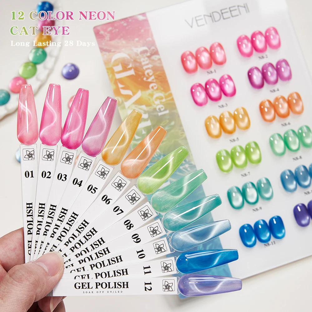 Vendeeni 12 Kolorów/Zestaw Brokatowy Puder Kocie Oko Żelowy Lakier do Paznokci UV LED Neonowy Kryształowy Magnetyczny Lakier do Paznokci z Kolorowym Kartonikiem