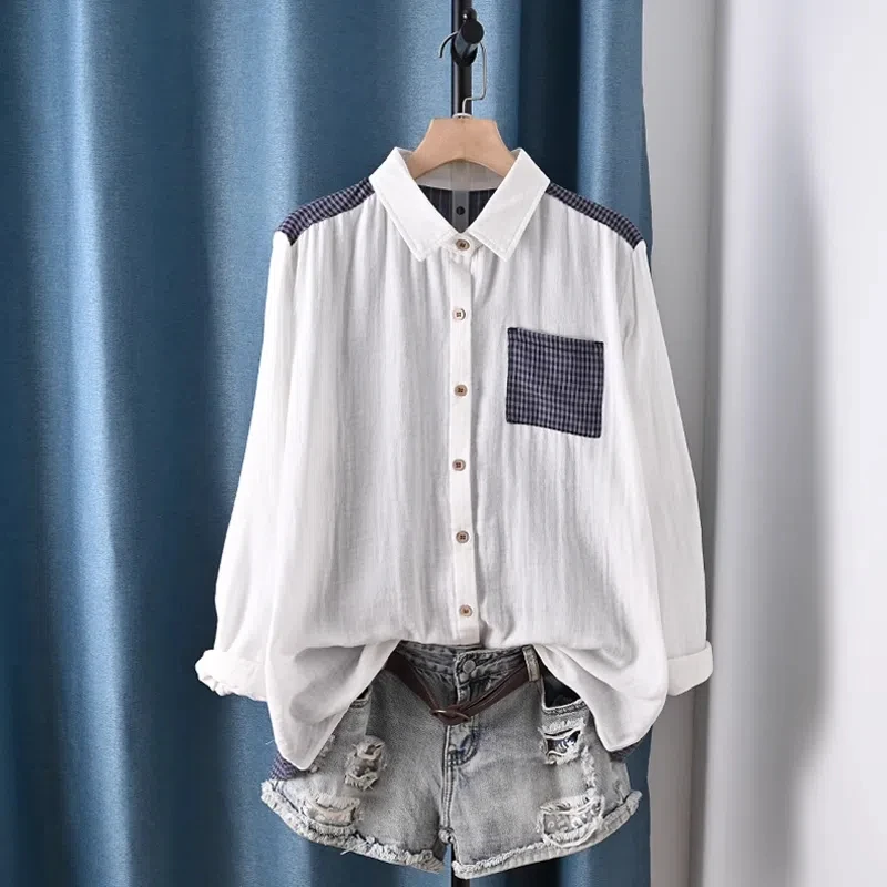

100% 100% Cotton yarn ladies clothes womens tops Japan style vintage white plaid patchwork shirts long sleeve blouses for women
