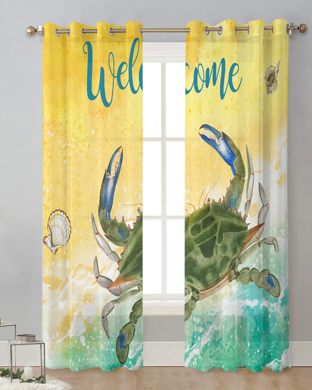 Summer Beach Wave Crab Shell Welcome Voile Hanging Curtain Living Room Sheer Curtain Home Decor Drapes Gauze Window Panels