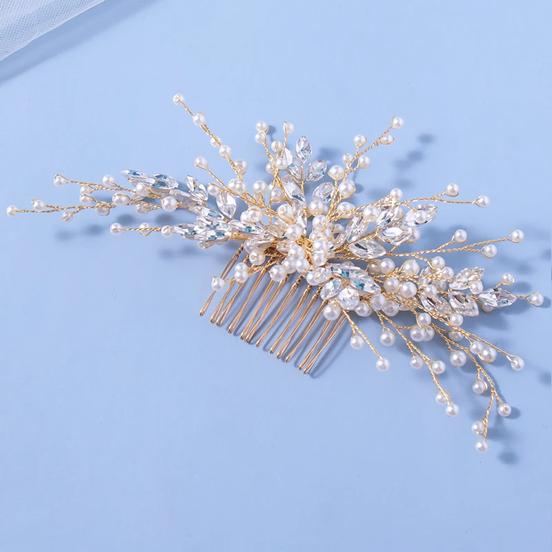 Trendy Leaf Pearl Gold Wedding Hair Combs Tiara Bridal Headpiece Women Head Decorative Jewelry Hair Accessories Headdress image 3