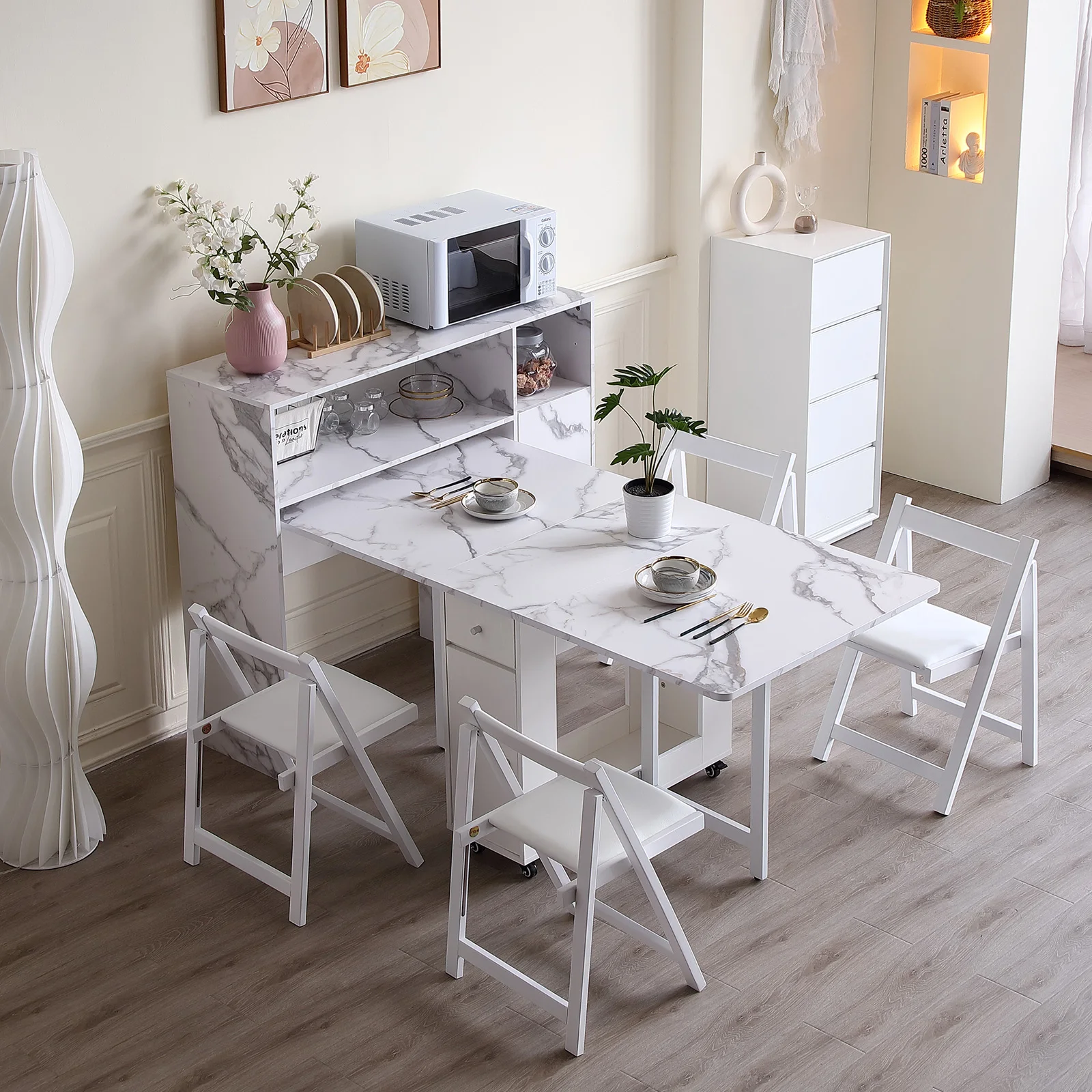 Immagine 5: Armadietto da buffet con portaoggetti, credenza per riporre il tavolo pieghevole, mobiletto da cucina con ripiani, consolle moderna
