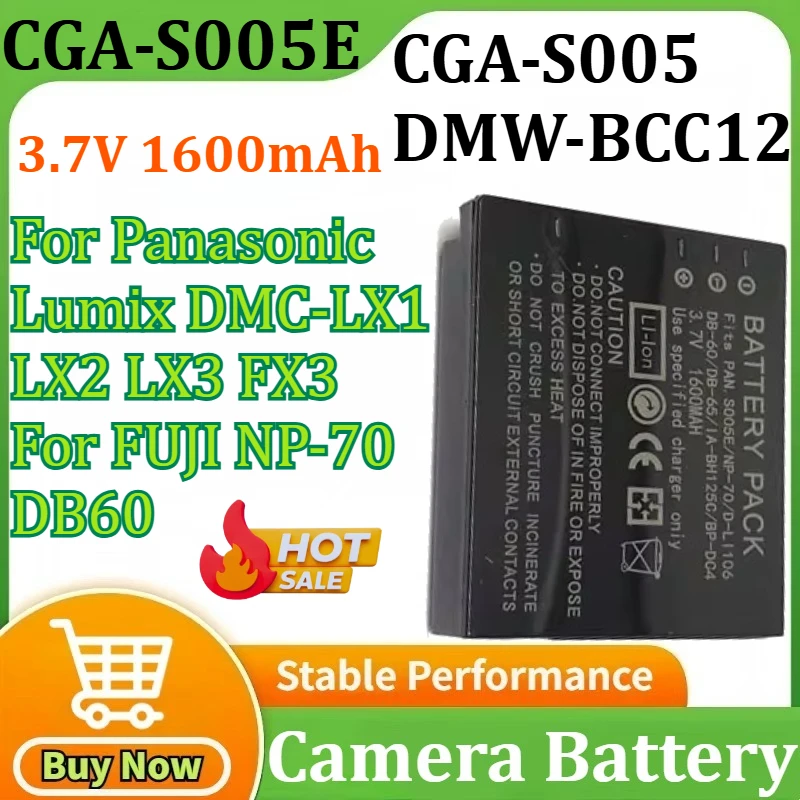 

CGA-S005E S005 DMW-BCC12 Battery 3.7V 1600mAh Batteries for Panasonic Lumix DMC-LX1 LX2 LX3 FX3 FUJI NP-70 DB60 Camera
