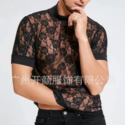 남성용 하이넥 티셔츠, 레이스 로즈 퍼스펙티브 티셔츠, 해변 캐주얼 탑