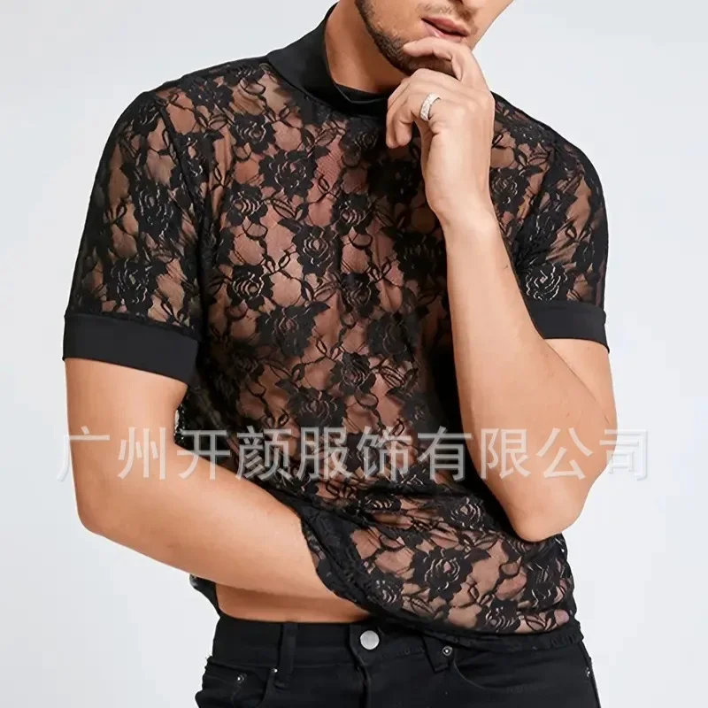 Men's T-Shirts High Necked Lace Rose Perspective T-shirt Beach Casual Top for Men