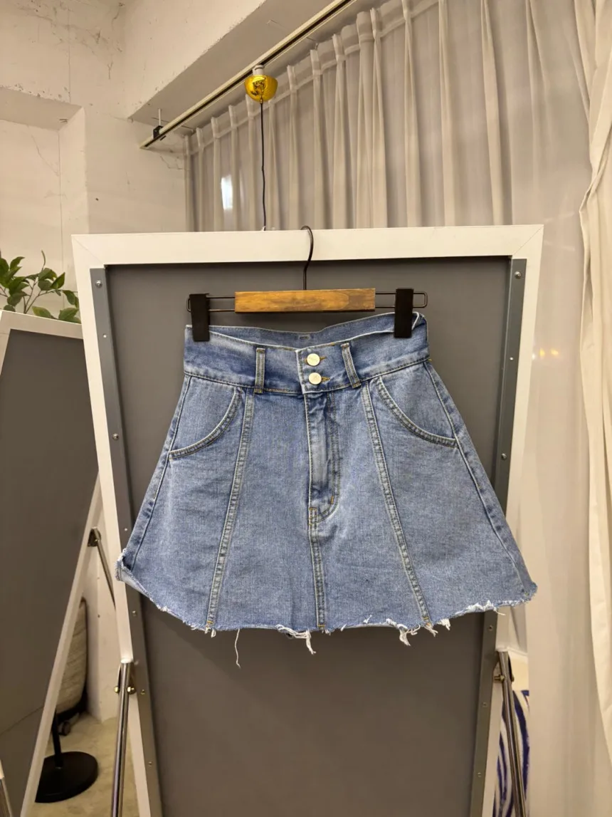 SML Blue Denim กระโปรง 2025 สไตล์อเมริกันสูงเอวกระโปรงมินิกระโปรงผู้หญิงสายกางเกงยีนส์กระโปรงสไตล์ (XHN1533