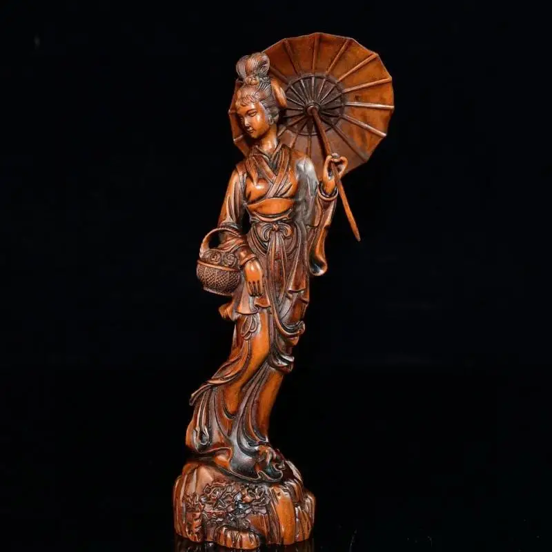 Chinese Antique Boxwood Carved Beautiful Woman Statue Sculpture Home Decor Art