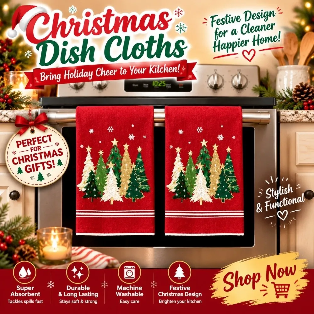 2pcs Microfiber Christmas Kitchen Dish Towel Plaid Absorbent Christmas Dishcloth Set Gingerbread Man Santa Claus Cleaning Cloths