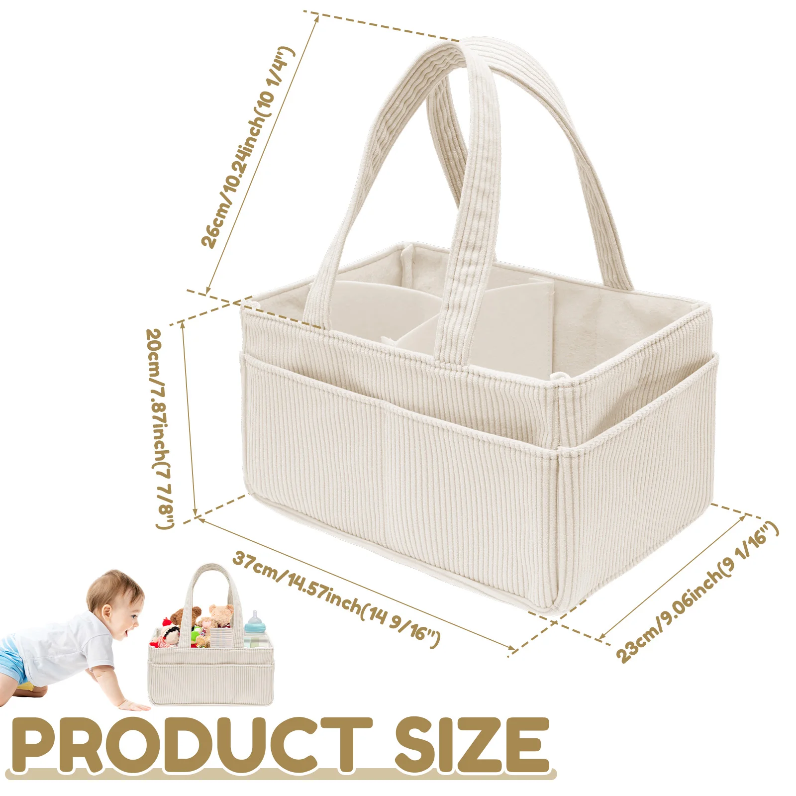 Large Capacity Diaper Bag Corduroy Portable Foldable Tote Mommy Bag Nursery Caddy Basket with Divided Design Diaper Organizer image 6