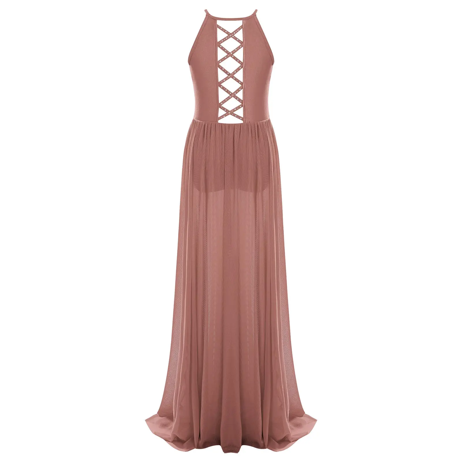 Girls Lyrical Mesh Dance Dresses Crisscross Strappy Back Split Flowy Dress Sparkly Rhinestones Dancwear Birthday Wedding Dresses