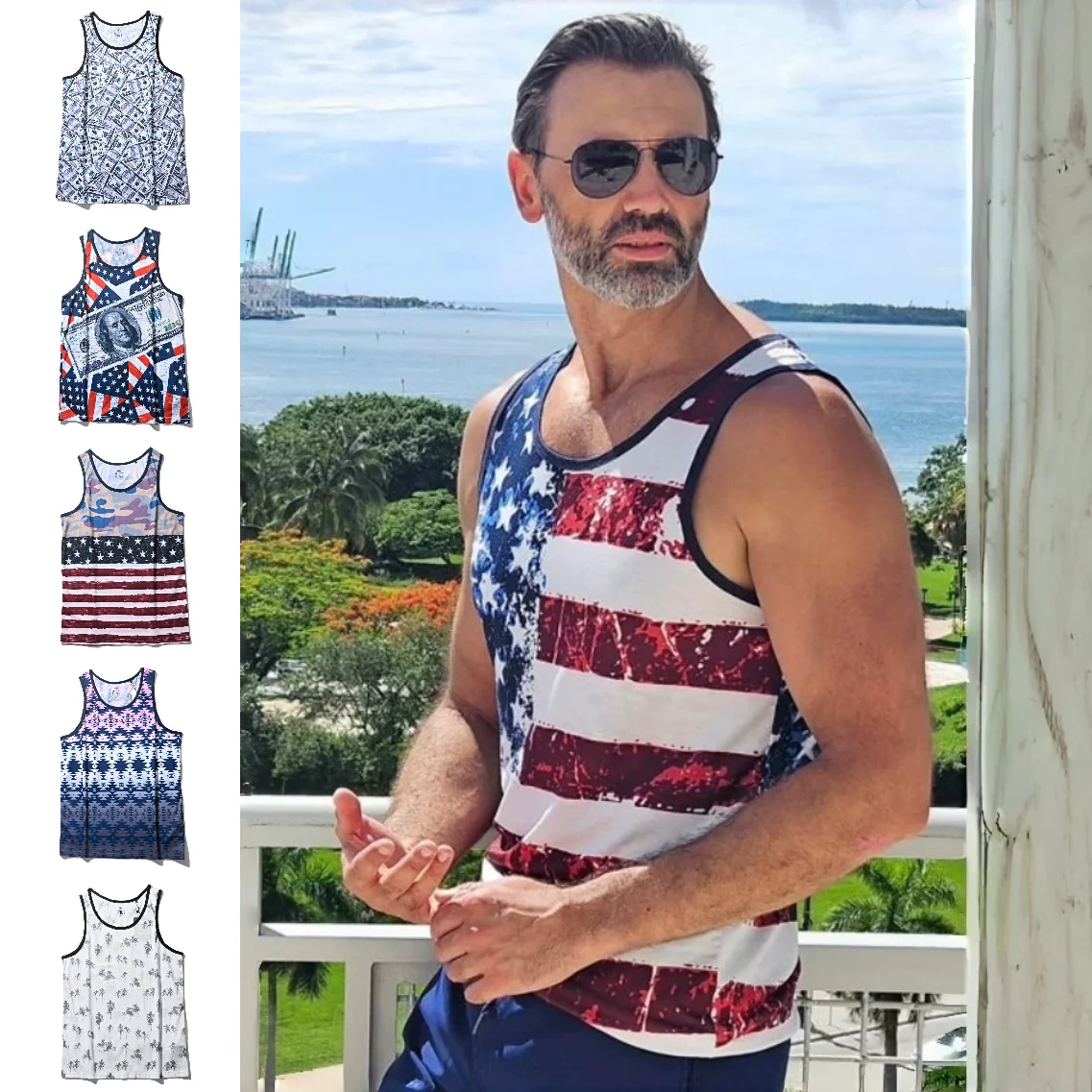 Men's Summer Printed Beach Sports Tank Top Breathable Loose Sleeveless Trendy T-Shirt Polyester Elastic Fiber Standard Fit