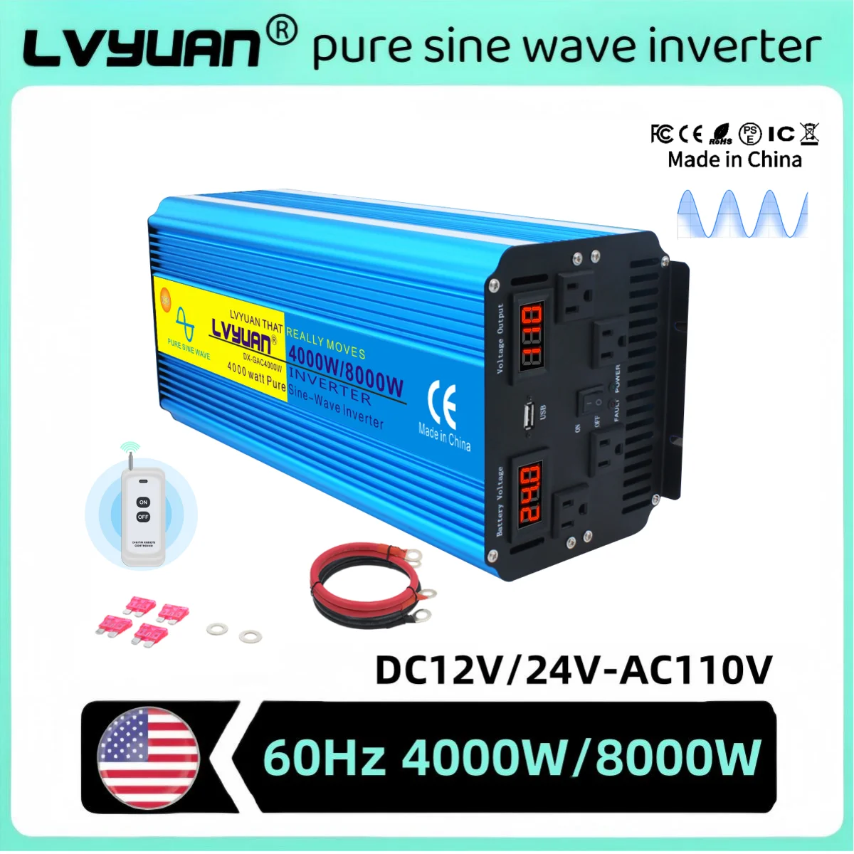 8kW LVYUAN Inverter 12V to 110V Pure Sine Wave Converter Yacht/Car Travel Power Inverter 60Hz US Sockets