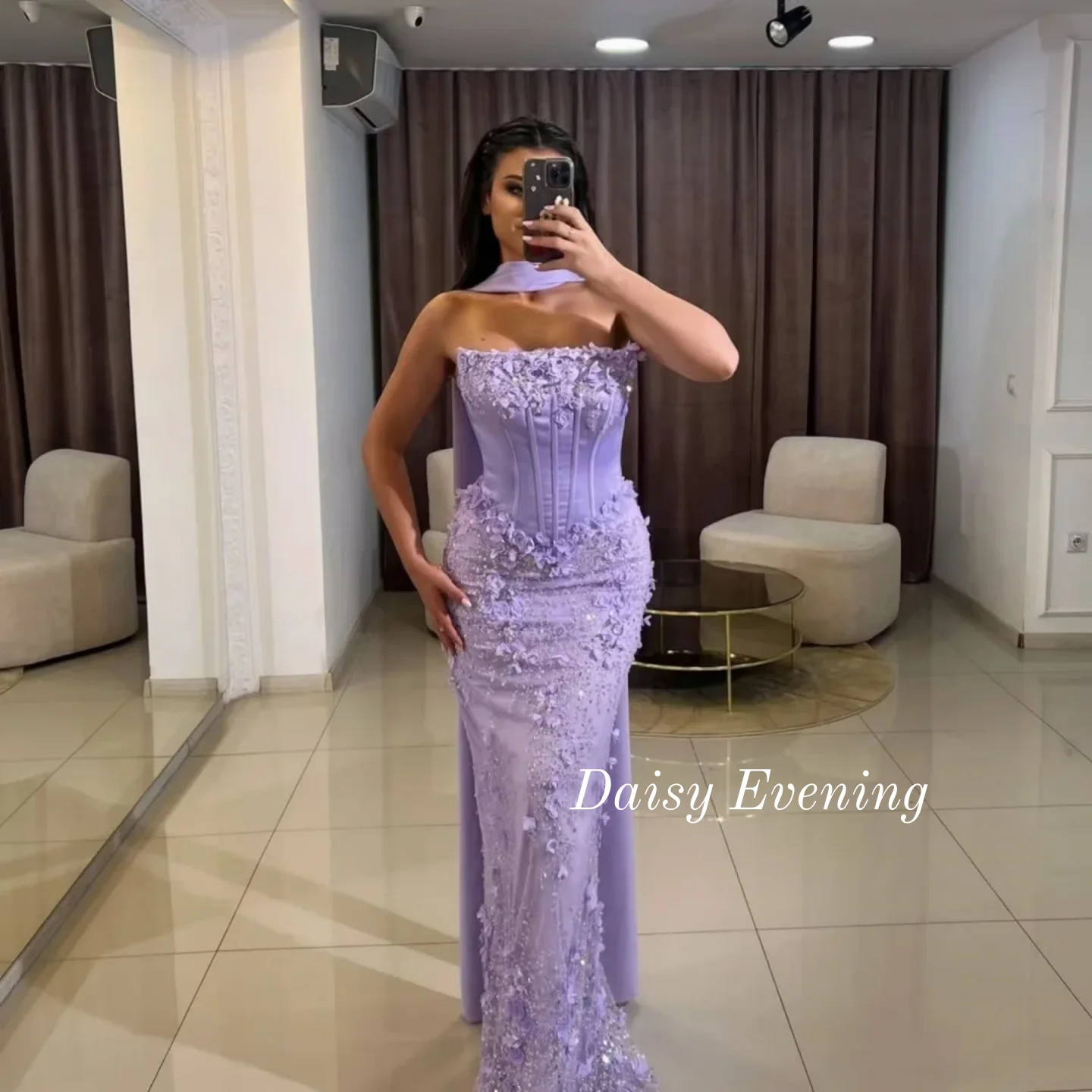 

Vintage Purple Glitter 3D Flowers Prom Dresses Floor-Length Evening Dresses Mermaid Strapless Backless Wedding Dress Customized