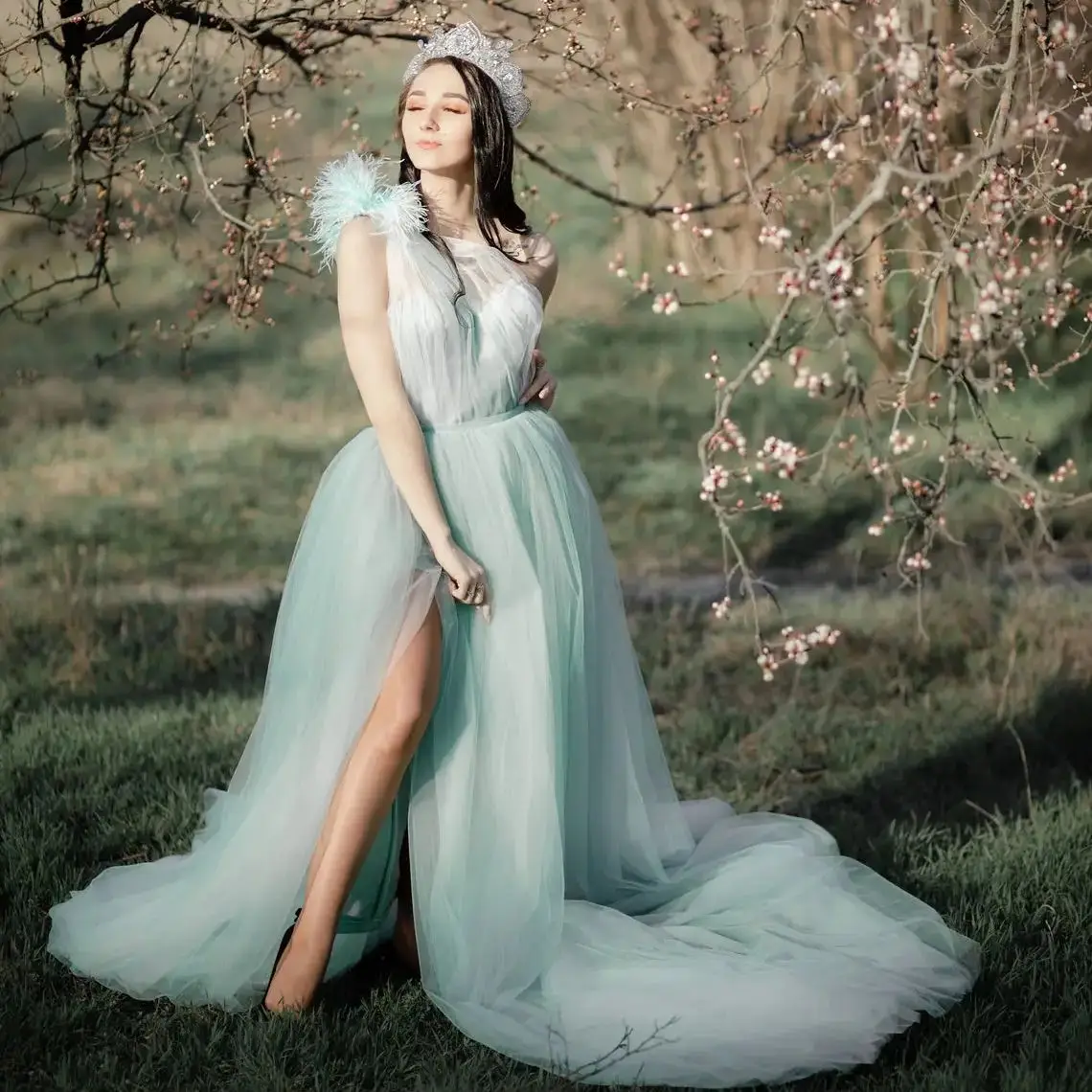 

Sage Green Wedding Dress One Shoulder Engagement Photoshoot Dress Maternity Robes Open Front Tulle Prom Evening Gowns