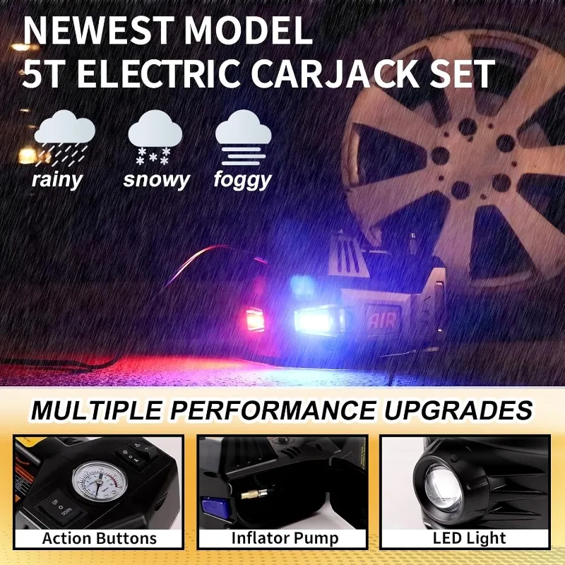 طقم جاك السيارة الهيدروليكية الكهربائية 5 طن 12 فولت نطاق الرفع المحمول 17.7 بوصة مع مفتاح ربط الصدمات ومضخة نفخ الإطارات