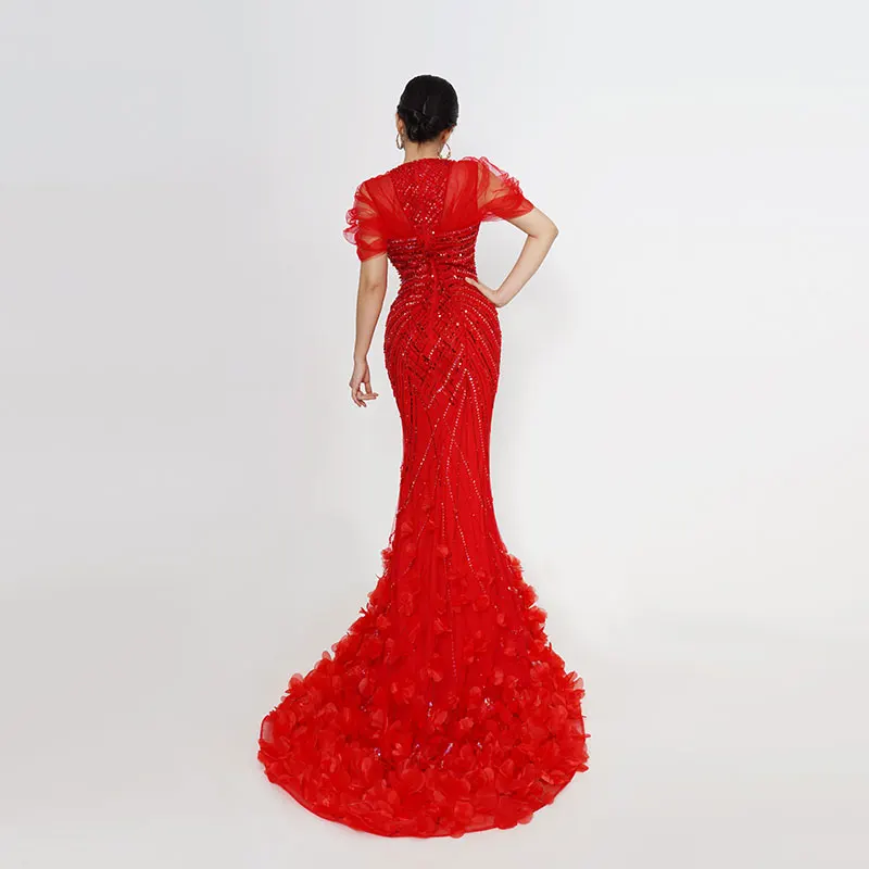 Baisha Custom Evening Dress Celebrities Same Style Short Sleeve Beaded Mermaid Gown With 3d Folower Tail H1666#