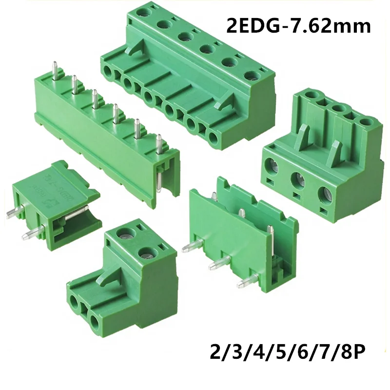 5Sets 7.62MM Terminal Block 2/3/4/5/6/7/8P 2EDG-7.62 Male/Female Straight Curved Needle Socket PCB Wire Connector