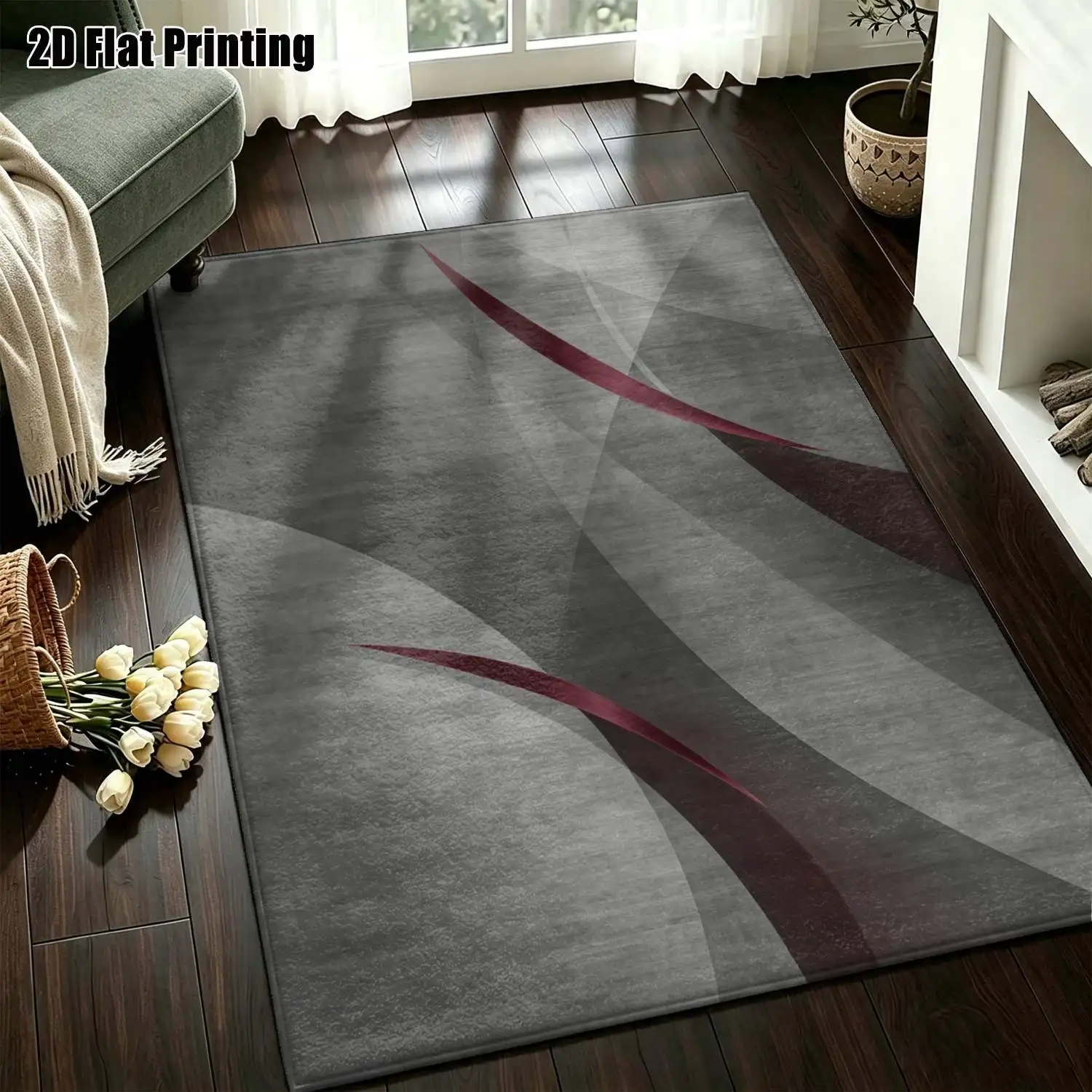 1Pc 2D Printed Geometric Silver-Gray Red Nordic Carpet, Instagram-Style Modern Minimalist Floor Mat, Home Decor, Multi-Size, Machine Washable, for Entrance, Dining, Foyer, Living Room, Bedroom