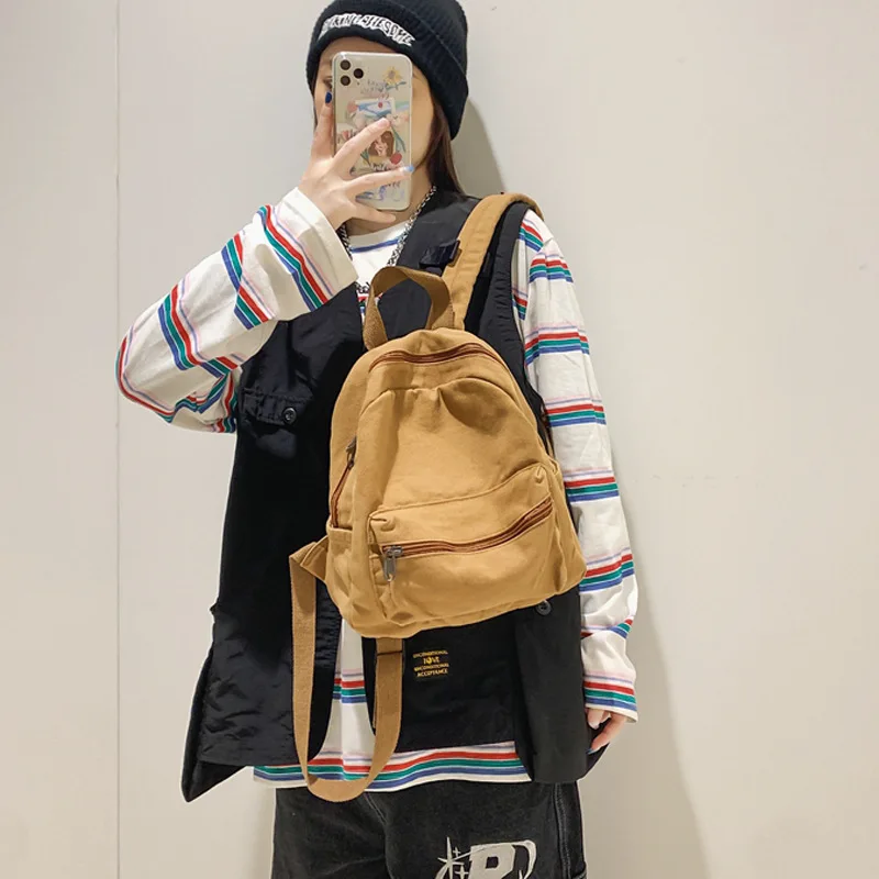 Washed Canvas Small Backpack Women Casual Mini Daypack Lightweight Travel School Bag Solid Color Simple Shoulder Backpack