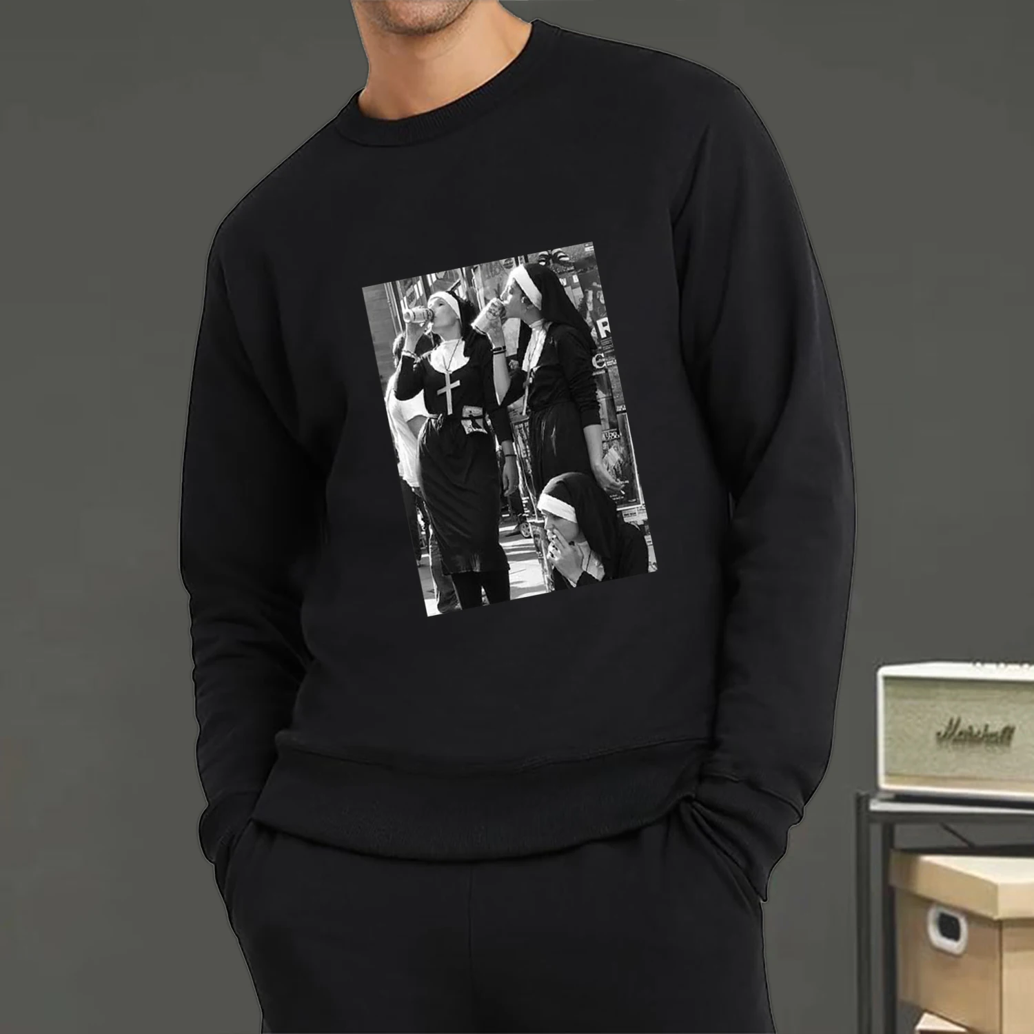 

Fashion Women Men Sweatshirt Contrast Nun Smoking Drink Print Pullover Crewneck Soft Breathable Hoodie Autumn Unisex Streetwear