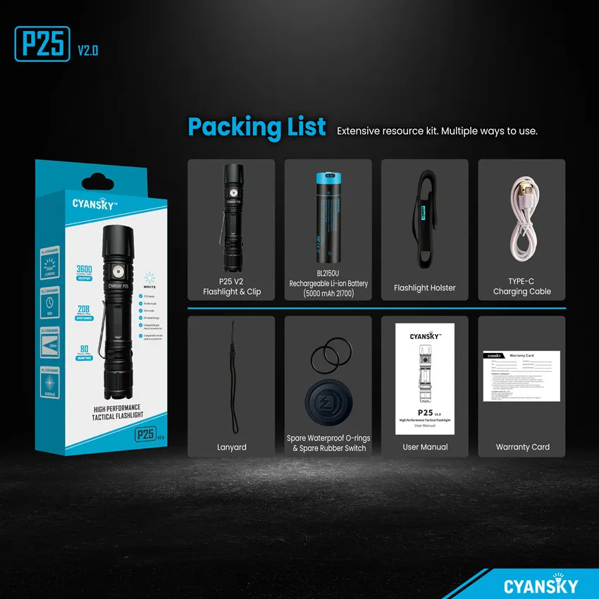 Cyansky P25 V2 Tactical Flashlight 3600 Lumens Aluminum Strong Light Highlights Duty Flashlights Portable Rechargeable
