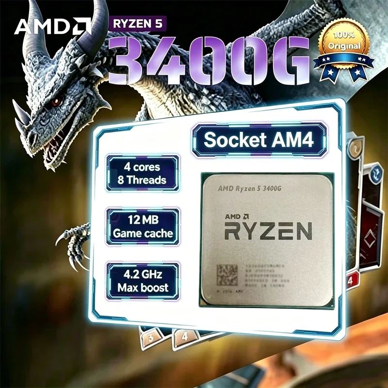 Procesador de Escritorio AMD Ryzen 5 3400G R5 3400G, 12 MB de Caché, 65 W de Bajo Consumo, APU de 3.7 GHz, Ocho Hilos, YD3400C5M4MFH AM4, Piezas Sueltas