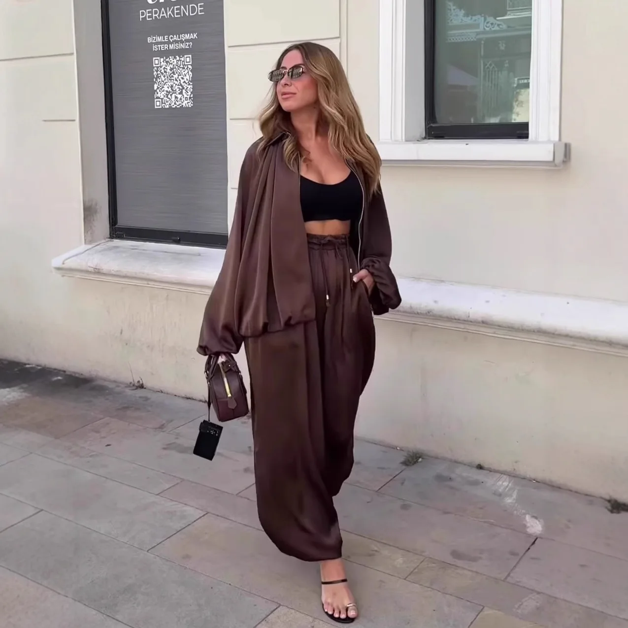 

Casual Loose Pleated Shirt Pants Suit Women Solid Full Lantern Sleeve Zipper Shirts Wide Leg Trousers 2026 Fashion Street Set