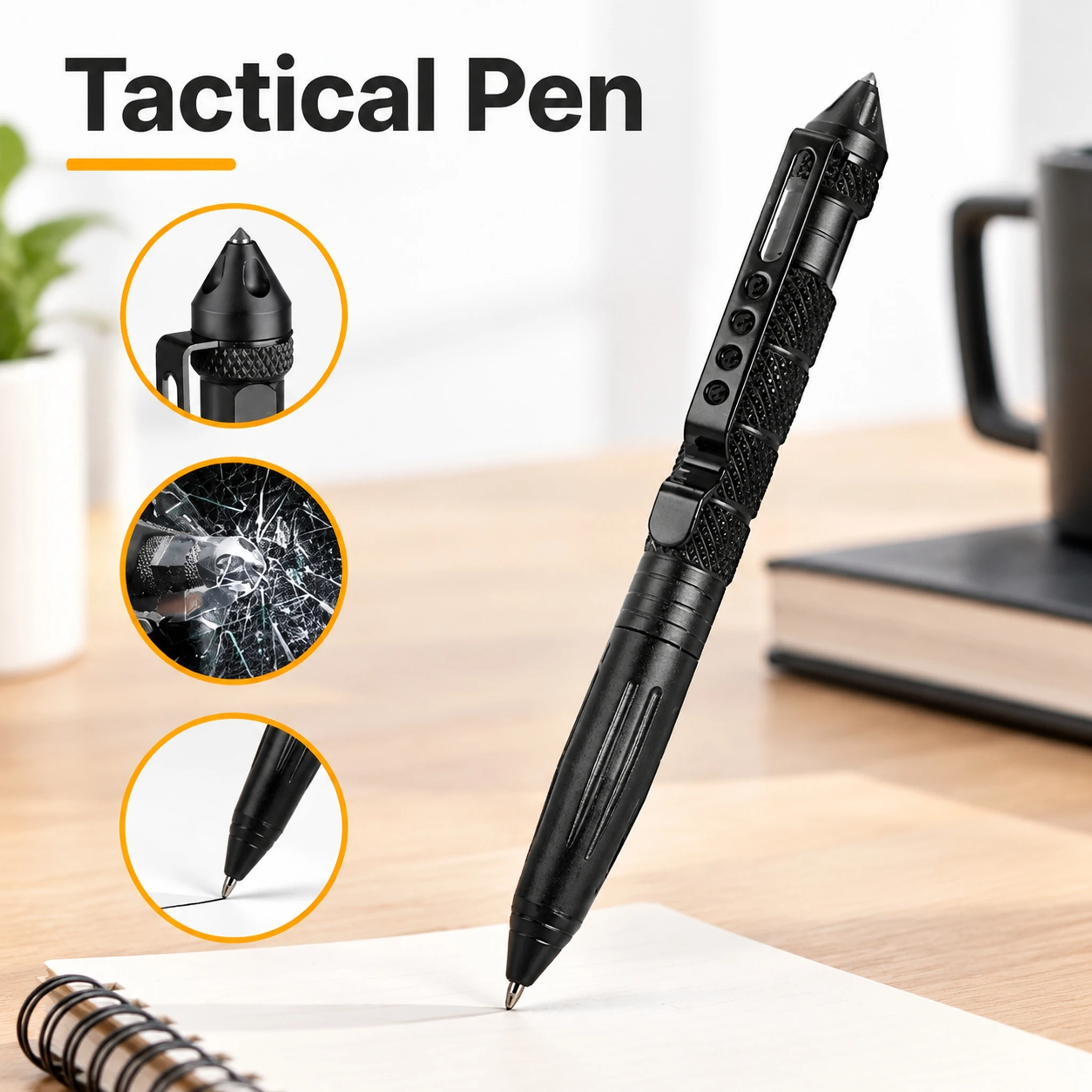 Tactical Pen for Car Emergency Kits and Outdoor Carry, Black Writing Tool with Pocket Clip, Knurled Grip and Glass Breaking End