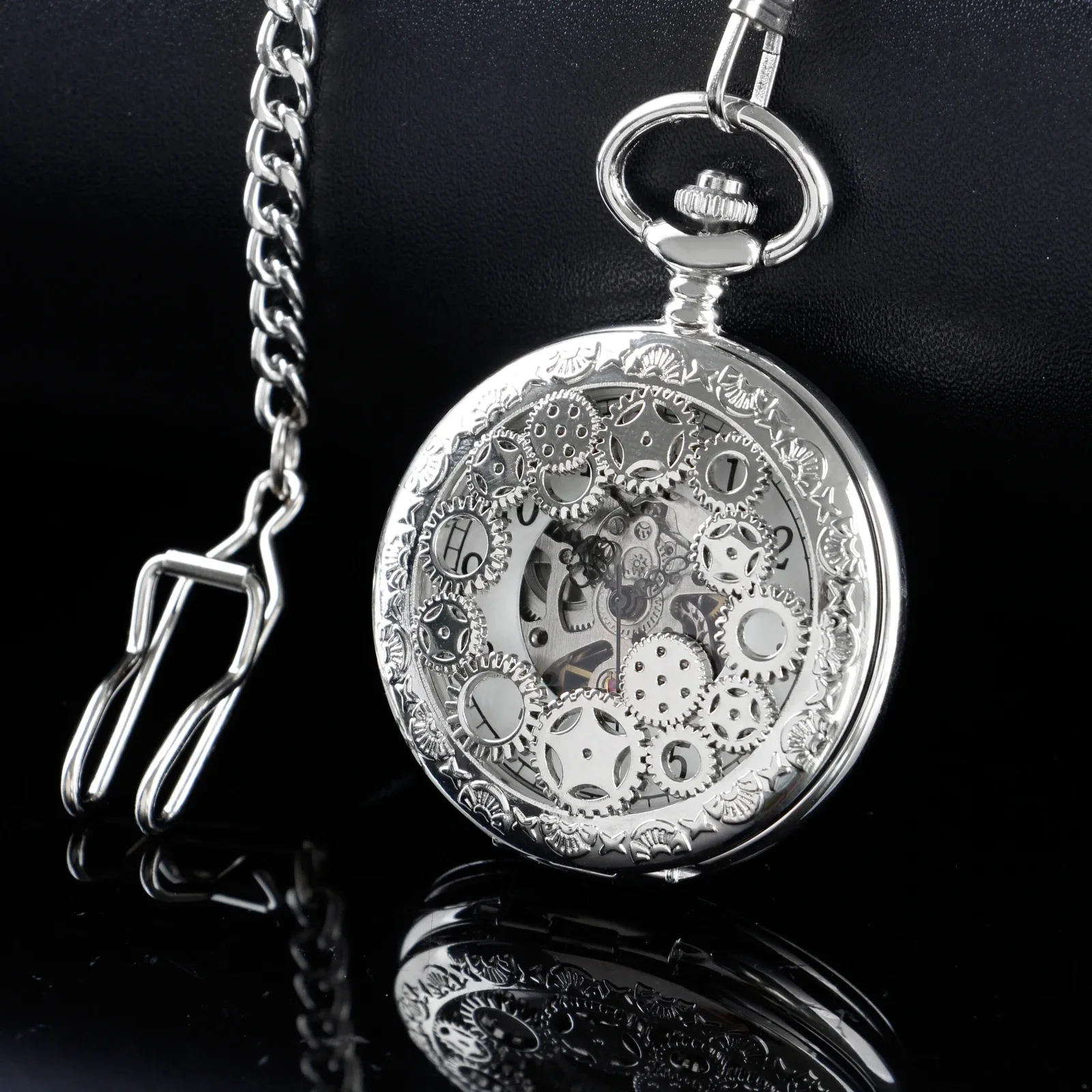 

Silver Hollow Gear Mechanical Pocket Watches Vintage 2 Sides Open Case Hand Wind Casual Fashion Pocket&Fob Watches