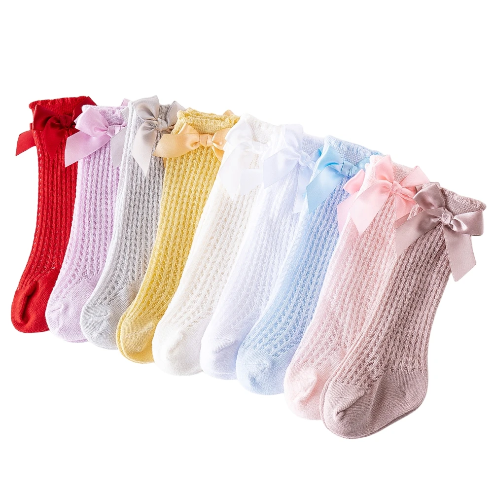 2023 New Summer Baby Girls Cotton Knee High Mesh Bow Socks Toddler Newborn Thin Tube Socks Anti-mosquito Breathable 0-12/12-24M