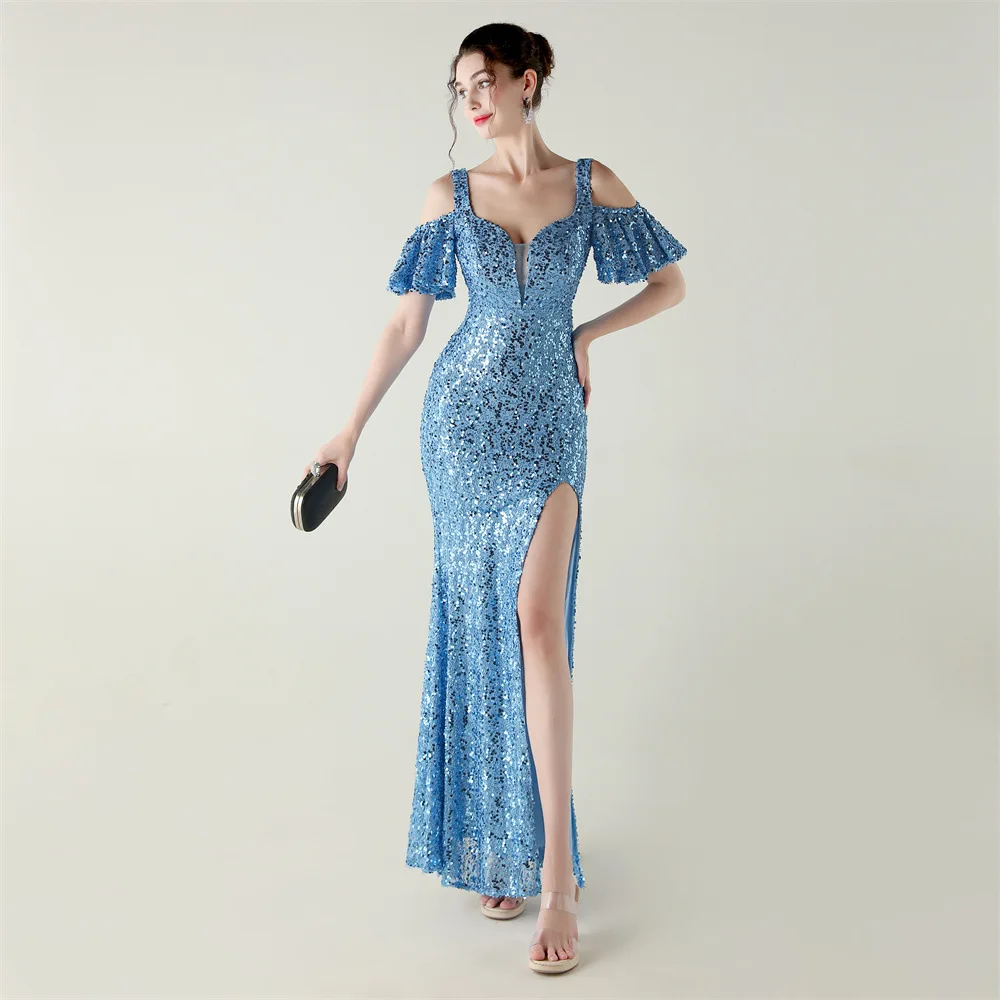 Sexy Elegant Blue Summer Women Sequin Cocktail Prom Evening Dresses Off Shoulder Maxi Bodycon High Slit Sexy Slit Fishtail Dress