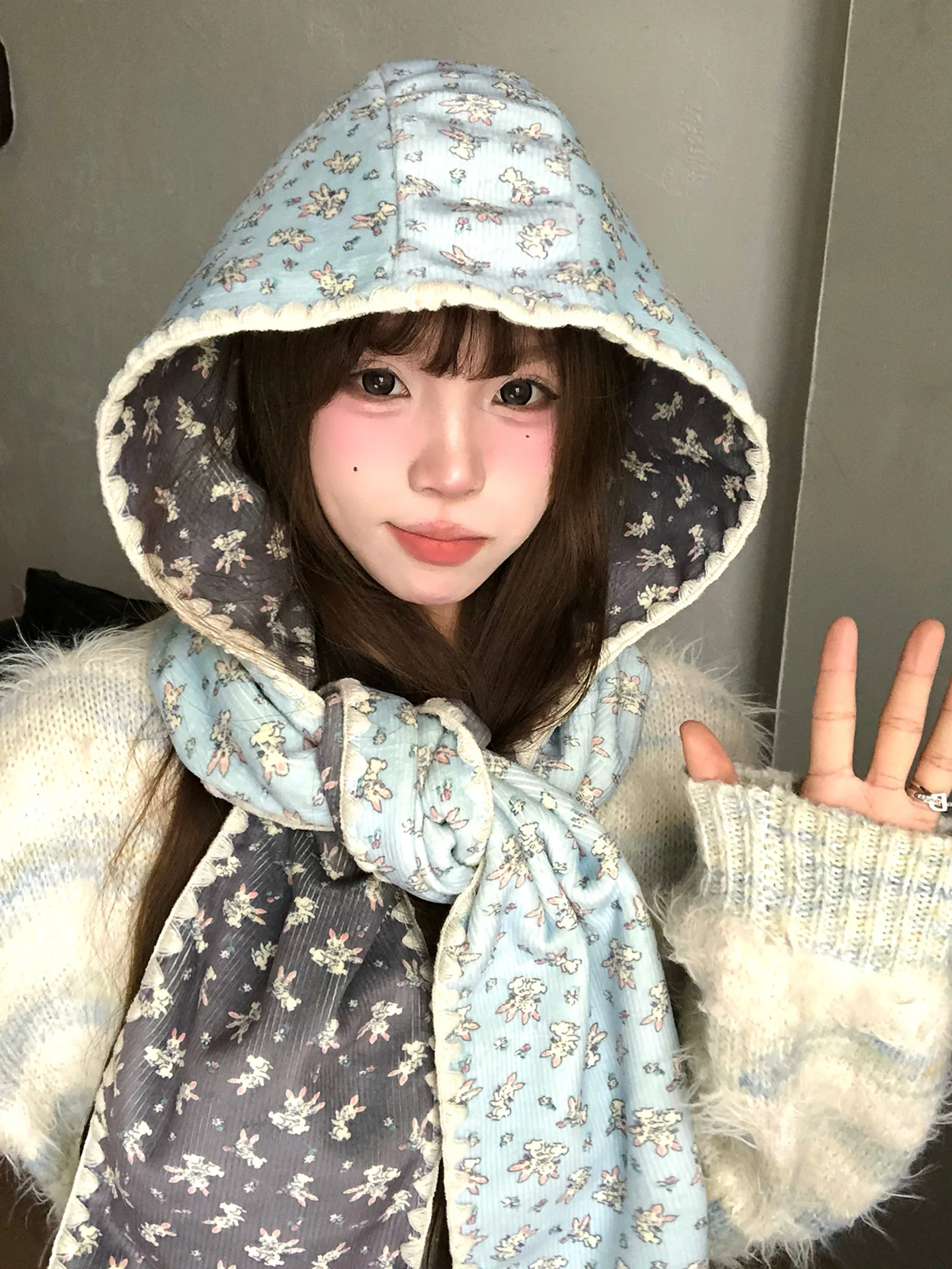 Korean Style Cute Rabbit Double-Sided Hat Scarf Combo Women's Autumn Winter Warmth Cold Resistance Head Wrap Balaclava Hat