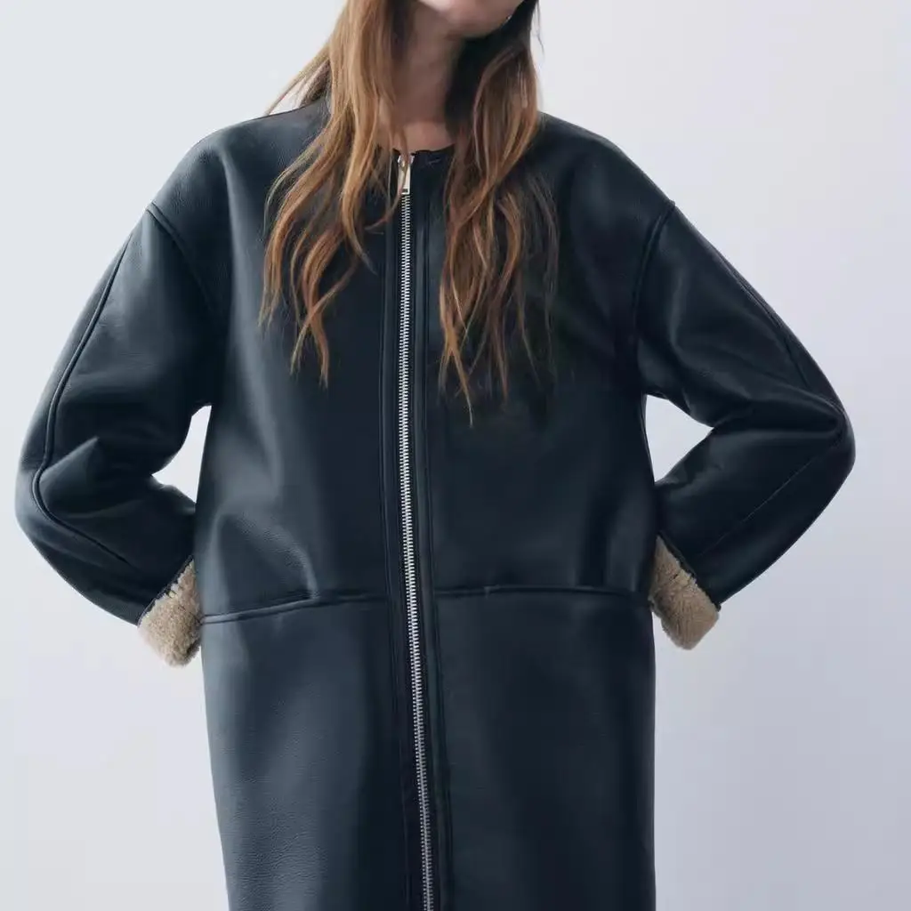 

Autumn Winter Women's Double-Sided Fce Metal Zipper round Ne Long Sve Windbreaker Jaet Street Sle Regular Thin