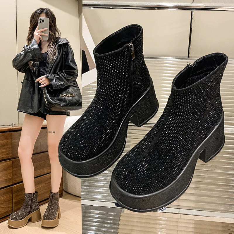 High Profile Horizontal Platform Full Drilled Side Zipper Waterproof Table Comfortable Non-slip Breathable Ankle Boots for Women