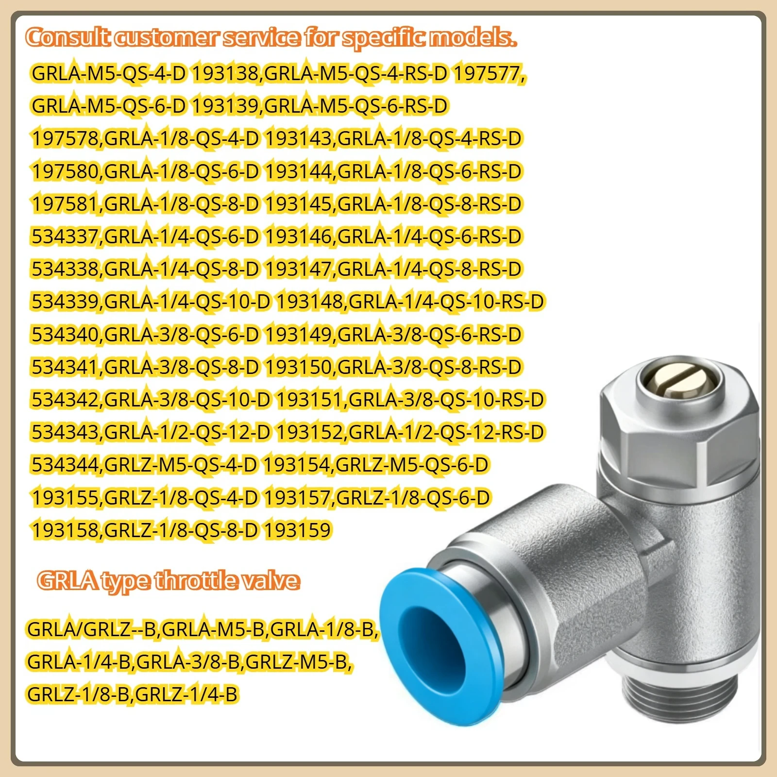 Throttle Valve GRLA‑M5‑1/8‑1/4‑3/8‑1/2‑QS‑4‑6‑8‑10‑12‑RS‑D｜PN:193138 197577 193139 197578 193143 197580 193144 197581