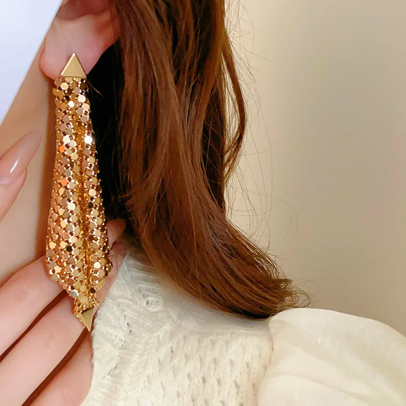 Gold Color Triangle Geometric Glitter Tassel Dangle Earrings for Women Europe and America Personality Exaggerated Charms Jewelry