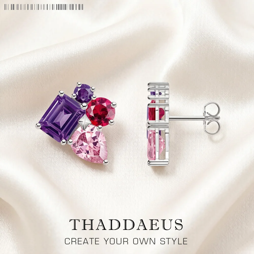 Ohrstecker, rosa und violetter Zirkon, europäischer Stil, glamouröser Schmuck für Frauen, trendiges Geschenk aus 925er Sterlingsilber