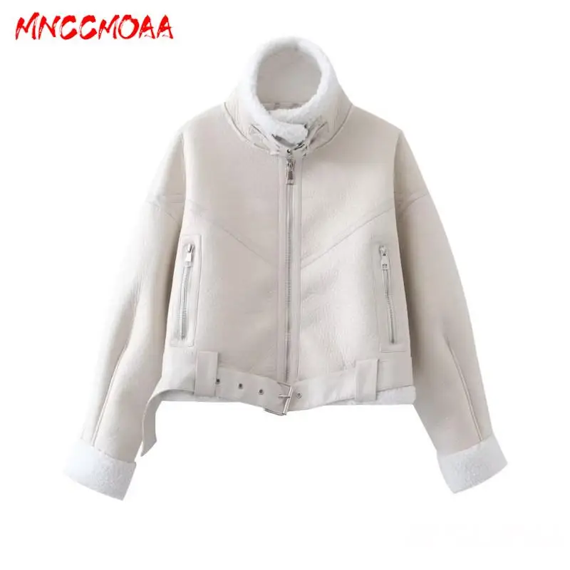 MNCCMOAA-Women\'s Short Faux Lambswool Leather Jacket Female Casual Coat Long Sleeve Thicken Warm Top Outwear Winter Fashion 2024