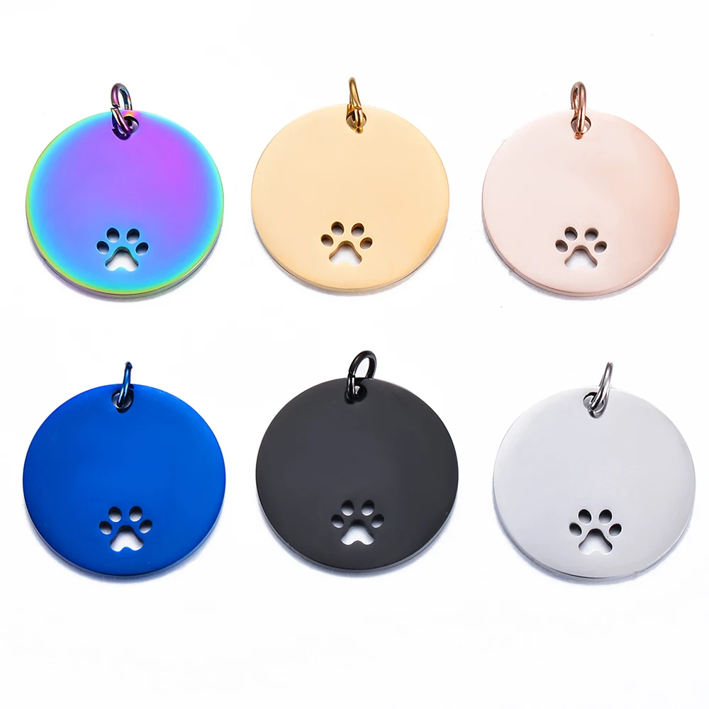 

1Pc Round Dog ID Tags Paw Stainless Steel Metal Pet Pendant Custom Personalized Nameplate DIY Keychain Necklace Accessories