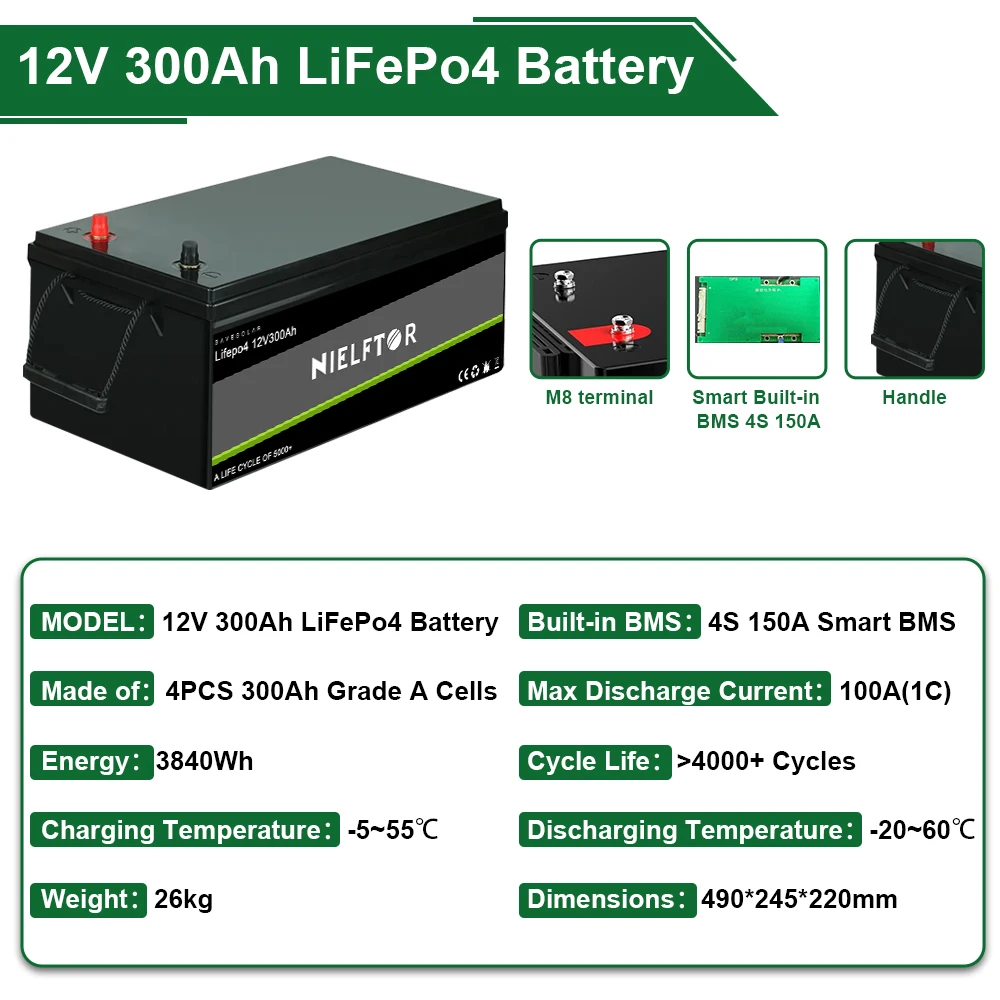 New 12V 300Ah LiFePO4 Battery Pack With Grade A 300Ah Cells 12.8V LiFePO4 Battery High Capacity for Solar Power System RV No Tax